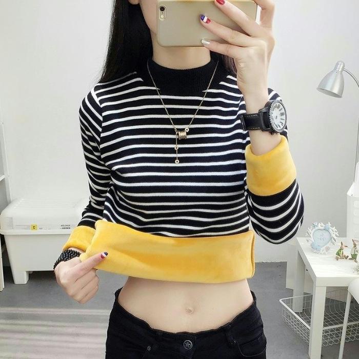 Semi-turtleneck Striped Velvet Thickened Bottoming Shirt Women's Autumn and Winter New Korean Version Slim-fitting Versatile Long-sleeved Thermal Top
