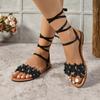 Fashion Studded Flower Lace-Up Flats Summer New Round Toe Open Toe Soft Sole Anti-Slip Wear-Resistant Sandals