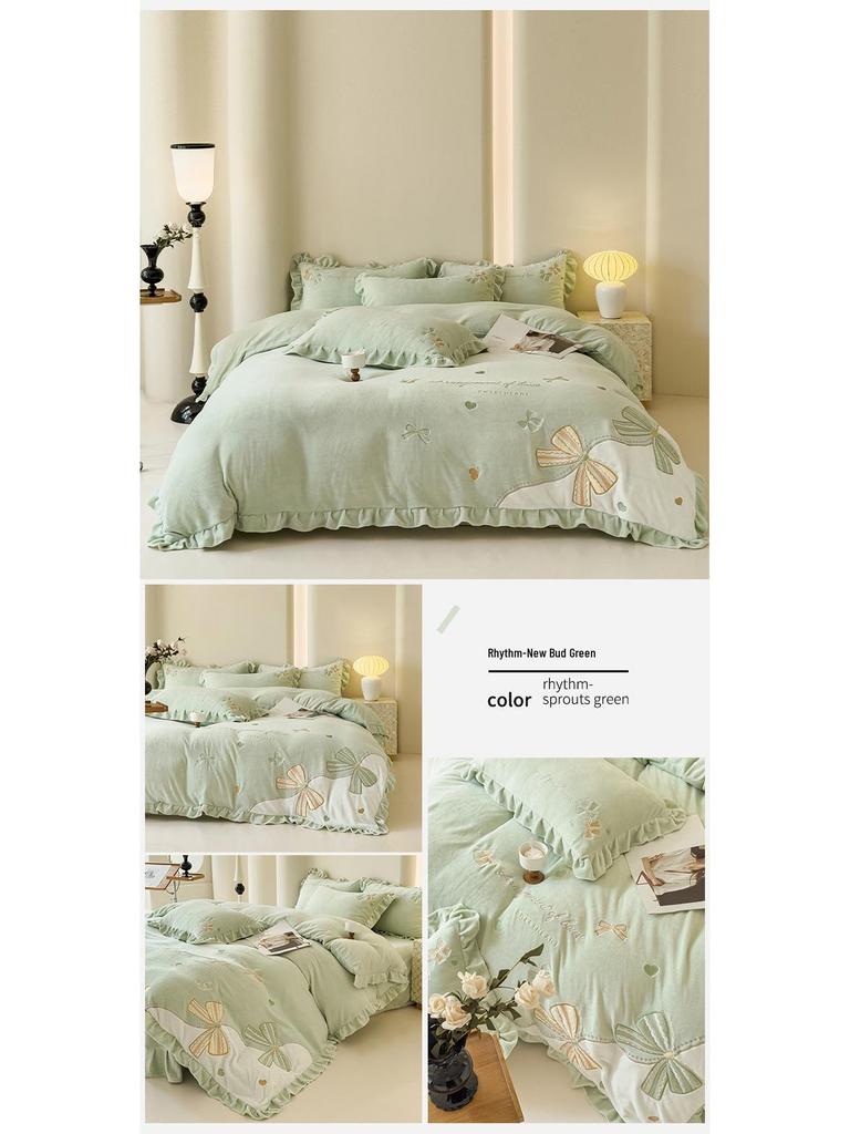 Set de lenjerie de pat gros, călduros, din catifea de lapte, dantelă și fleece de corali - Design confortabil antistatic pentru toamnă/iarnă