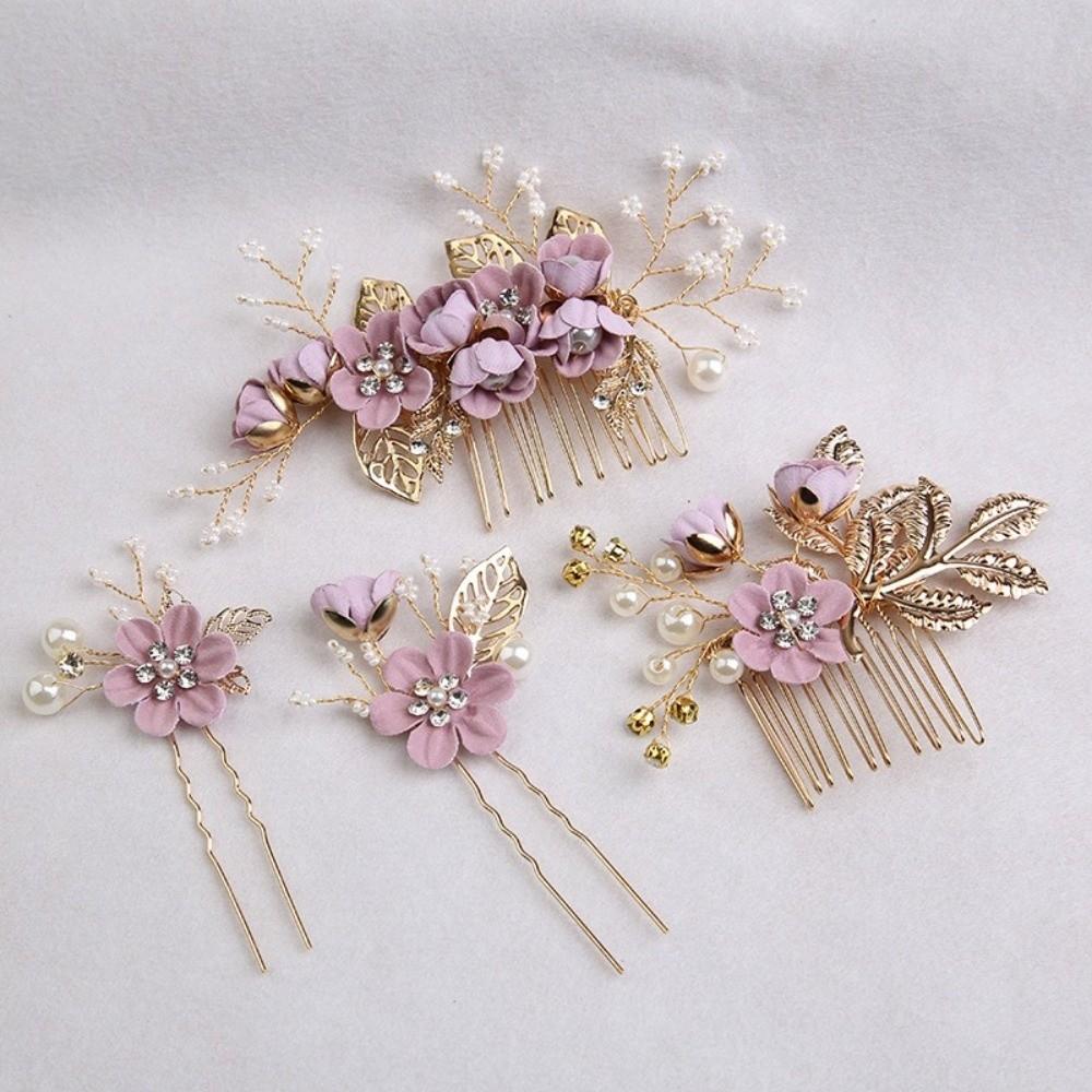 4pcs Tiaras Artificial Flower Bridal Hair Combs Pearl Comb Handmade Wedding Hair Decorative Sweet Headdress Bridal Wedding