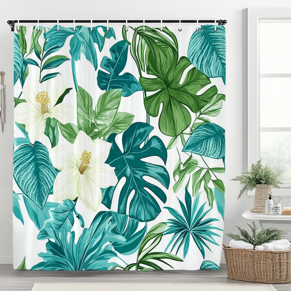 Tropical Plant Leaves Shower Curtain for Bathroom Romantic Wildflower Plants Nature Scenery Decorative Curtain Set with Hooks
