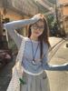 Contrasting color splicing fake two-piece front shoulder long-sleeved T-shirt for women's spring folds, waist and thin round neck bottoming inner top