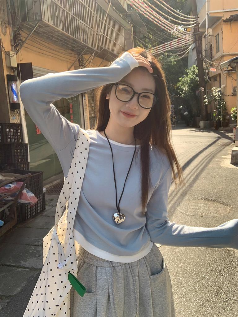Contrasting color splicing fake two-piece front shoulder long-sleeved T-shirt for women's spring folds, waist and thin round neck bottoming inner top