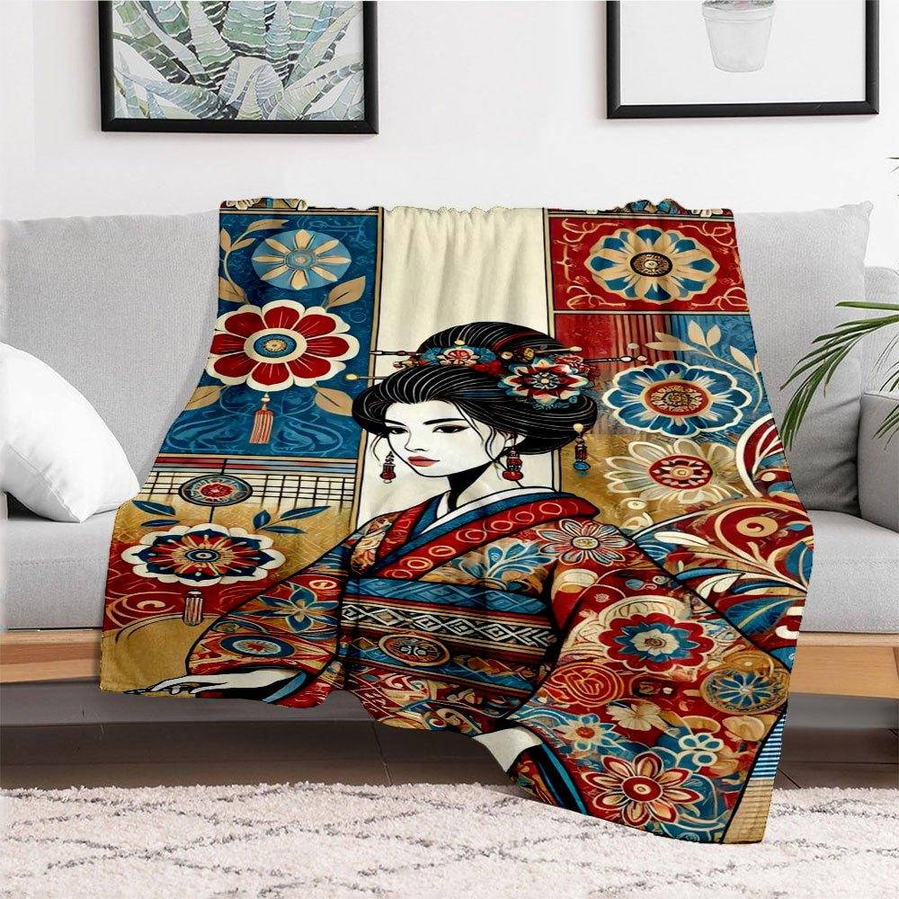 "Japanese Floral Kimono Art Print - Vibrant Traditional Design"Blanket Flannel Throw Blanket for Sofa, Bed, Travel, Camping, Office, Couch,