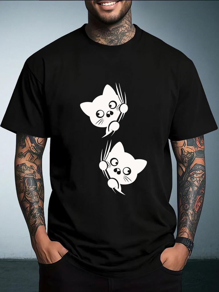 Unisex Summer Crew Neck T Shirt Double Cute Black Cat Scratch Silhouette Graphic Loose Short Sleeve Casual Streetwear Daily Tops