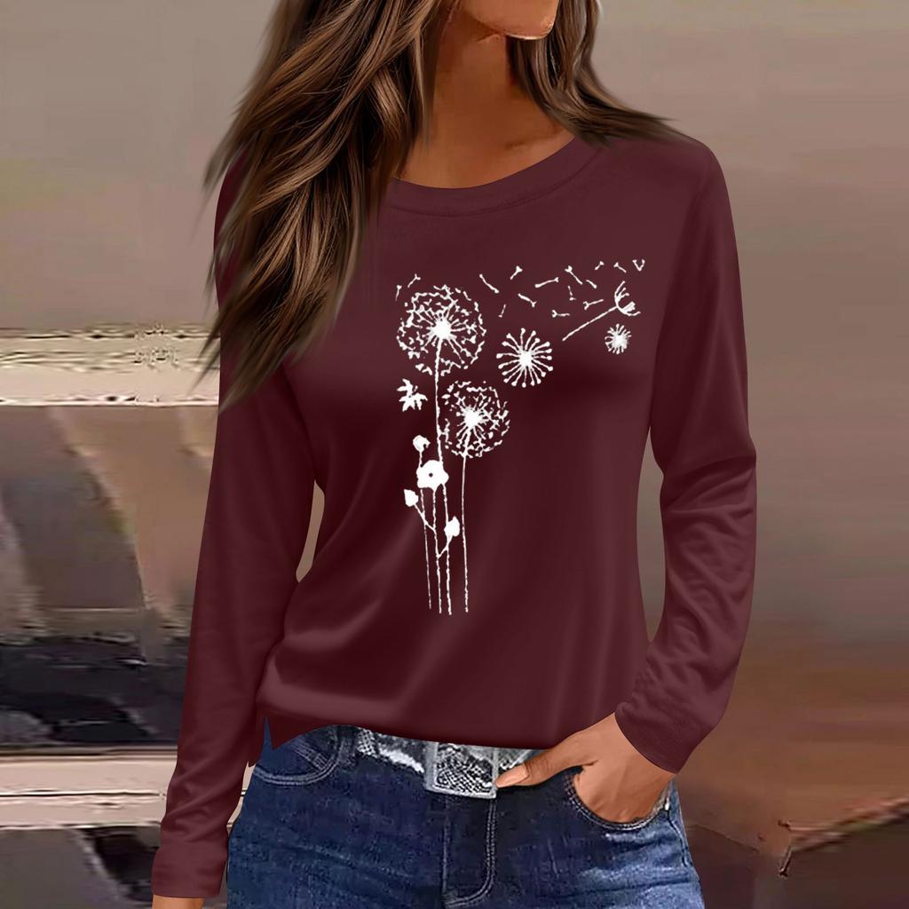Mote Casual Langermet Trykk Rund Hals Pullover Topp Bluse for Kvinner