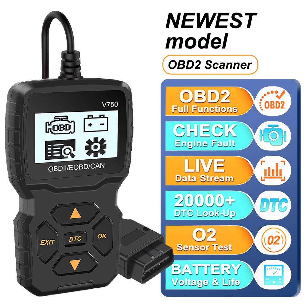 Battery Tester OBD2 Scanner V750 Car Diagnostic Tool Code Reader Read Vehicle Information Check Engine System Multi-language