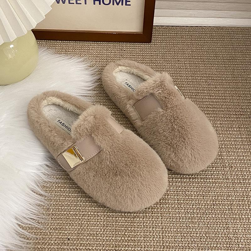 Internet Celebrity Explosion Mink Hairy Shoes Women Winter Wear Belt Buckle Thick Sole Velvet Bean Shoes Fairy Warm Cotton Mop