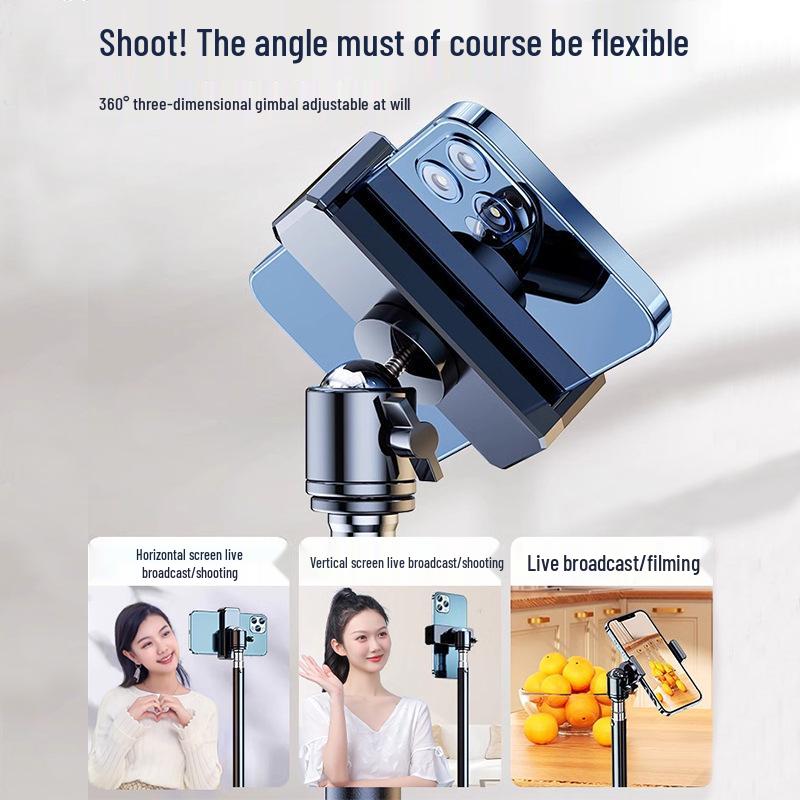 Dual-Position Carbon Steel Phone Stand with Fill Light for Outdoor Streaming