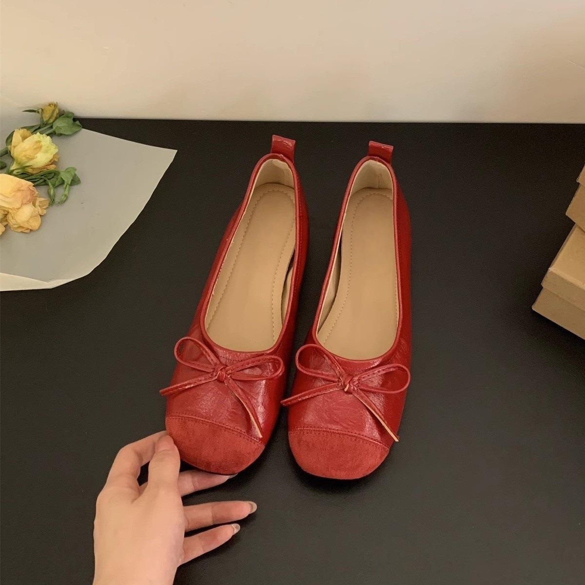 

Туфли-лодочки с круглым носком и неглубоким вырезом, женские, весна-лето, новые, с бантом, на одном ремешке, туфли Дуду, женские, из мягкой кожи, туфли бабушкины 40 красный
