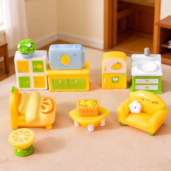 Yousheng Miniature Dollhouse Furniture Mini Resin Bed Sofa Cabinet Table Accessories Lemon Style Tiny Pretend Play Props for Fairy Garden Doll House
