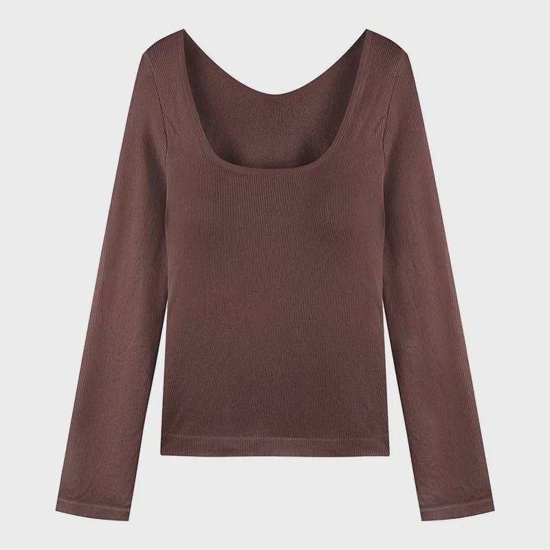 Women's Brushed Velvet Thermal U-Neck Long-Sleeve Slim Fit Top for Autumn & Winter