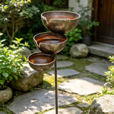 Metal Bird Bath Rustic Vintage Rain Catcher Garden Stake with 3-Tiered Bath Bowls Outdoor Bee Watering Station for Outside Garden Yard Patio Lawn
