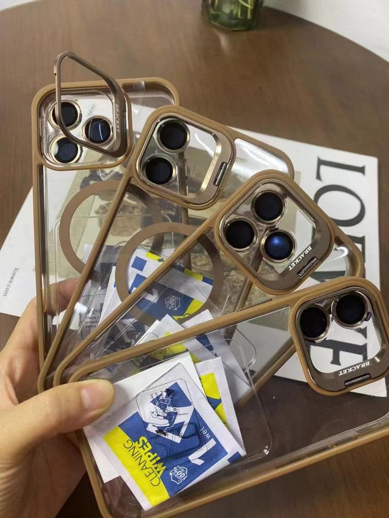 With Camera Glass Metal Lens Bracket Acrylic Clear Cover Magnetic Transparent Phone Case for Iphone 13 14 15 16 17Pro Max Cases