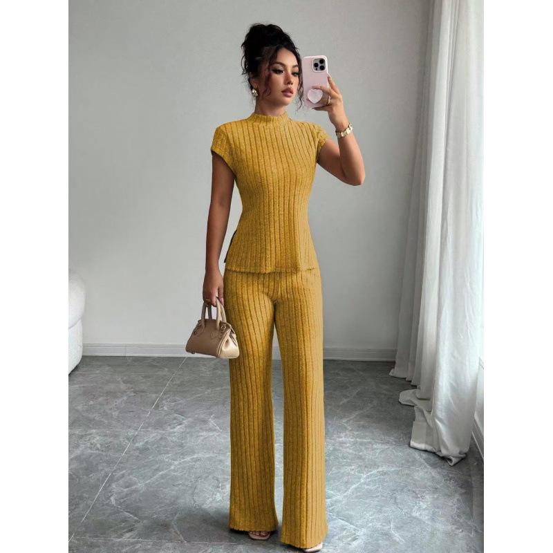 European Women's Solid Color Short-sleeve T-shirt & Ribbed Pants Set - 2025 Style