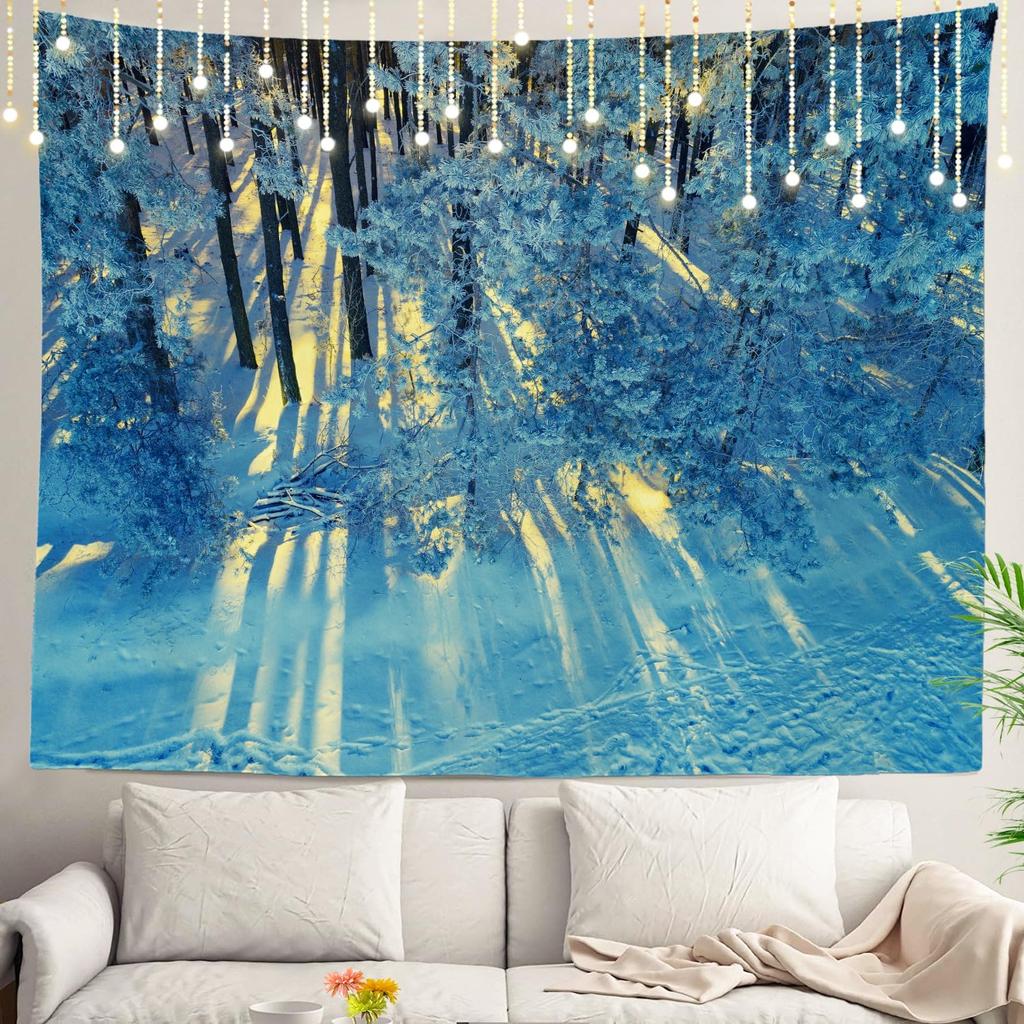 White Snow Wall Tapestry, Grey Wall Hanging Large Tapestry Decoration Polyester Fiber White Hem Around for Dorm Room Bedroom