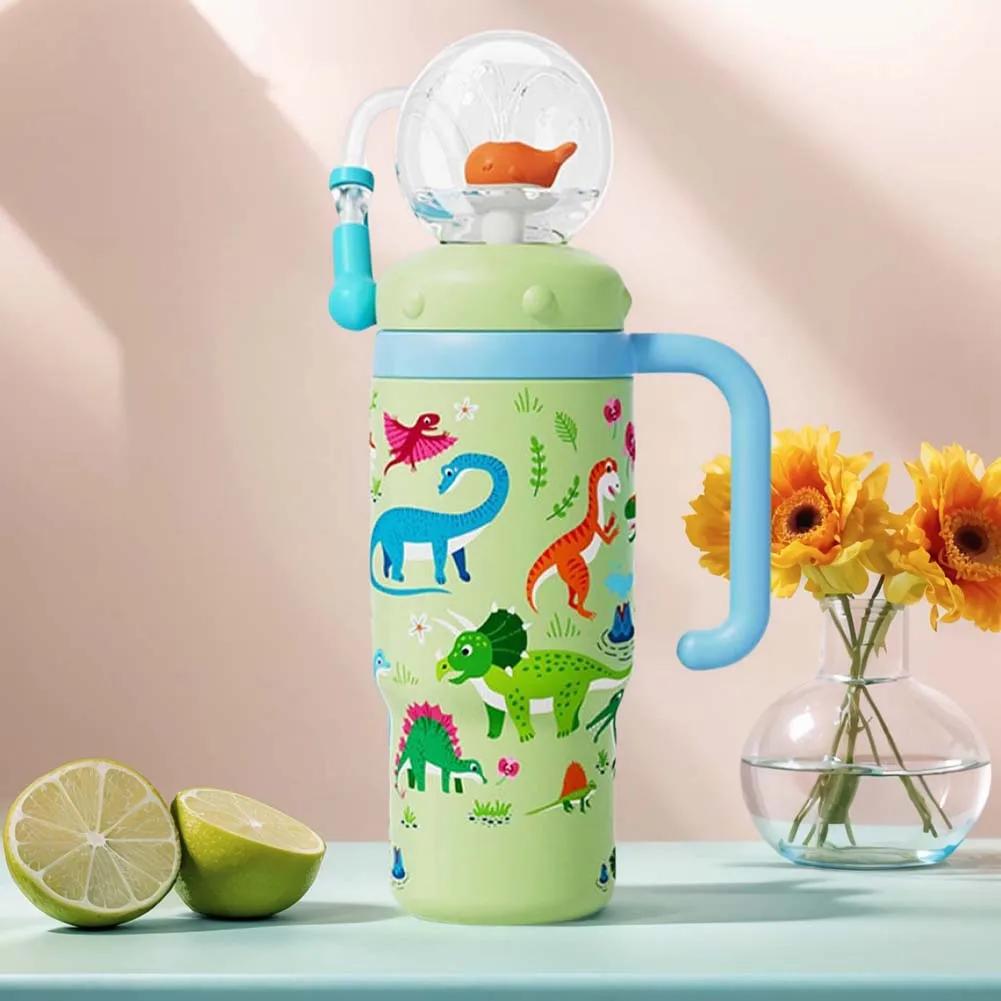 710ML Stainless Steel Whale Fountain Tumbler with Handle with Straw Drinking Cup Leak Proof Vacuum Cup for Baby Teens and Adults
