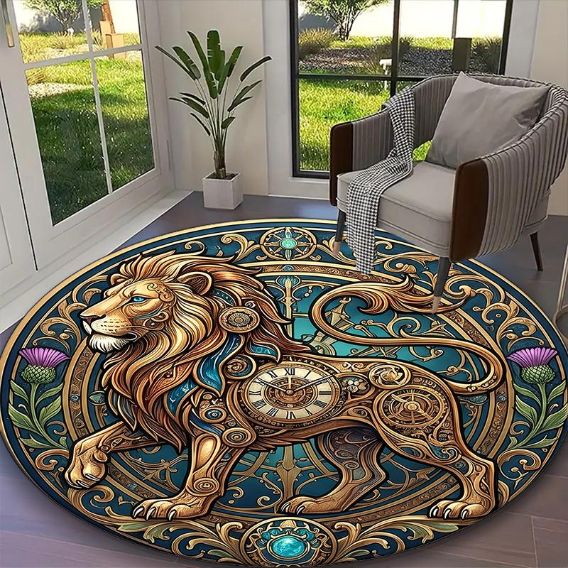 1pc General-purpose Rug, Cosmic Balanced Lion Printed Round Rug, Comfortable Office Chair Carpet, Home Entrance Floor Mat