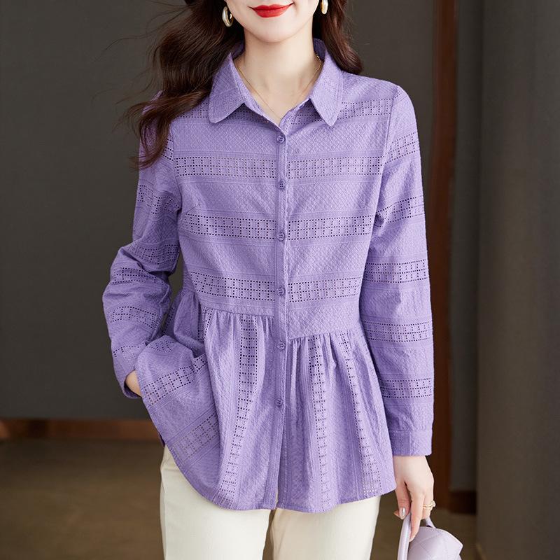 

Фиолетовая рубашка для женщин с длинным рукавом, весенняя одежда, новая, из чистого хлопка, вышитый топ, темпераментная вышитая рубашка XXL фиолетовый