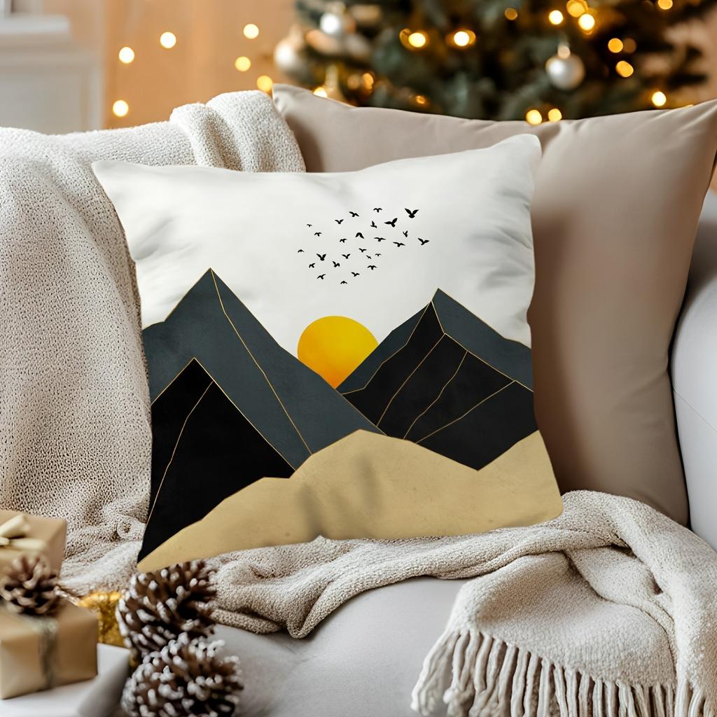 Modern Geometric Mountain Sunset Pillow Case, Minimalist Nature Landscape Cushion Cover for Living Room Sofa Bedroom Home Decor