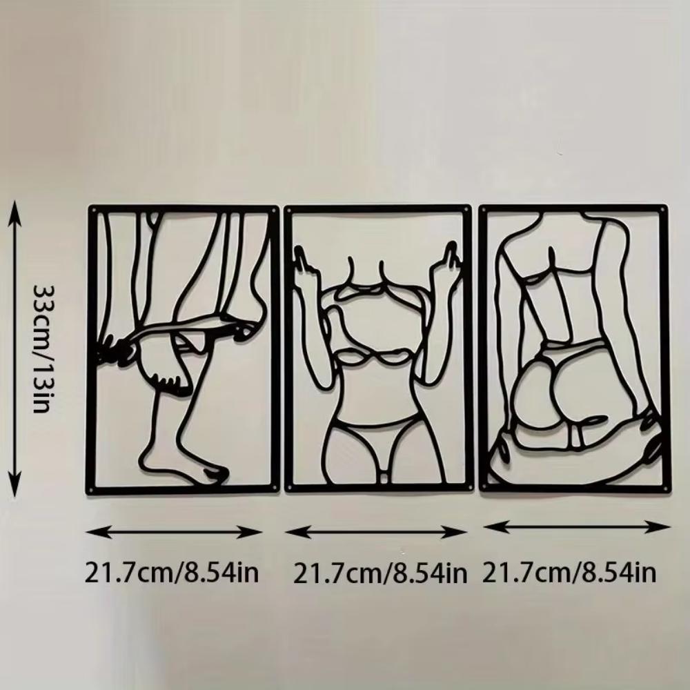 Conjunto de três peças arte de parede abstrata psicológica em metal pintura de linha única decoração de arte de parede, metal pendurado moderno para casa