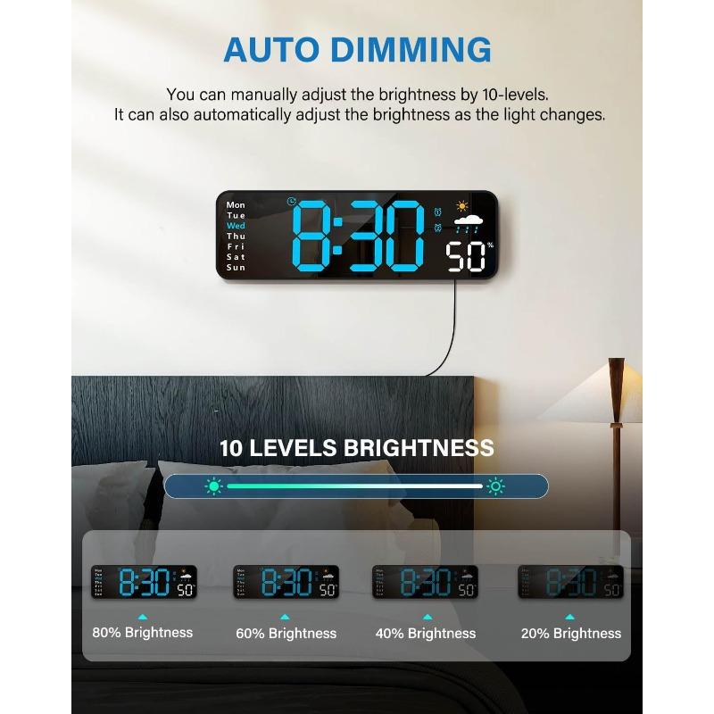 Digital wall clock large screen remote control LED alarm clock with date week temperature humidity automatic daylight saving time countdown function