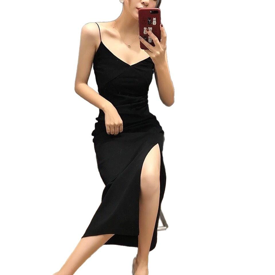 Summer New Suspender Small Black Dress Sexy Gentle V-neck Base Retro Long Side Split Black Dress Women