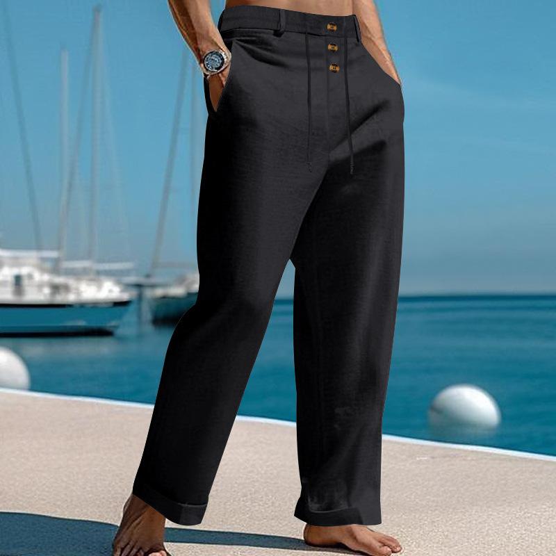 Strandstil Herr Enfärgade Bomull Linne Casual Byxor Sommar Nya Lösa Andningsbara Tunna Byxor Daglig Användning Herr Retro Raka Byxor