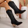 Fashion Retro Mid-Calf Women's Boots Soft Rubber Upper Embroidered Western Tube V-Notch Large Size Autumn Winter Thick Heel Slimming