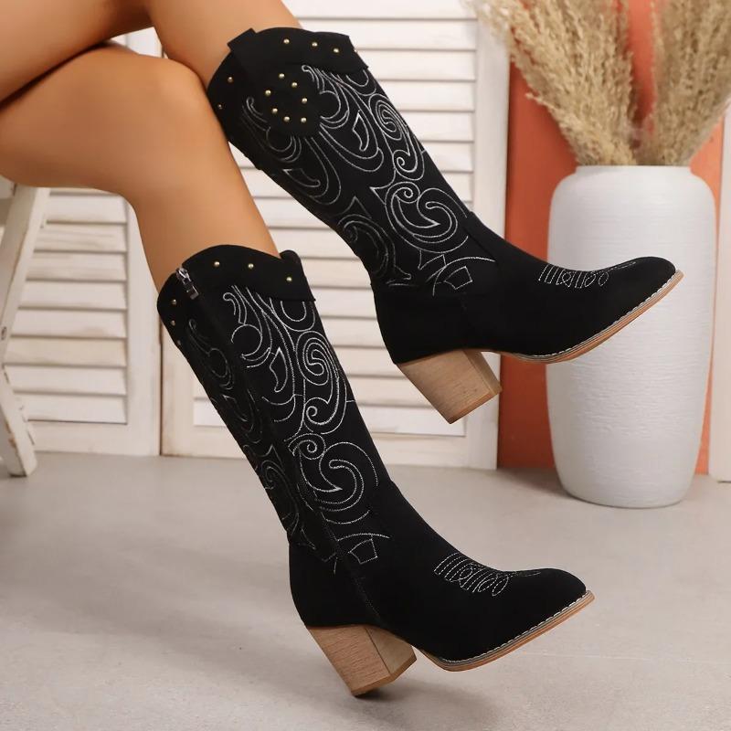 Fashion Retro Mid-Calf Women's Boots Soft Rubber Upper Embroidered Western Tube V-Notch Large Size Autumn Winter Thick Heel Slimming
