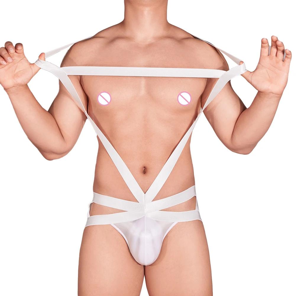 Mens Sexy Body Chest Harness Jumpsuits Underwear Oil Shiny Halter Neck Bodysuit Elastic Lingerie Backless Buttocks Gay Leoatrd