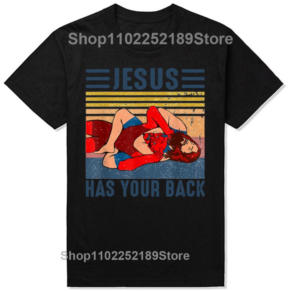 Men Clothing Jesus Has Your Back Jiu Jitsu Vintage Christian Short-sleeve Tops Male Kawaii Clothing Oversized T Shirt Hombre