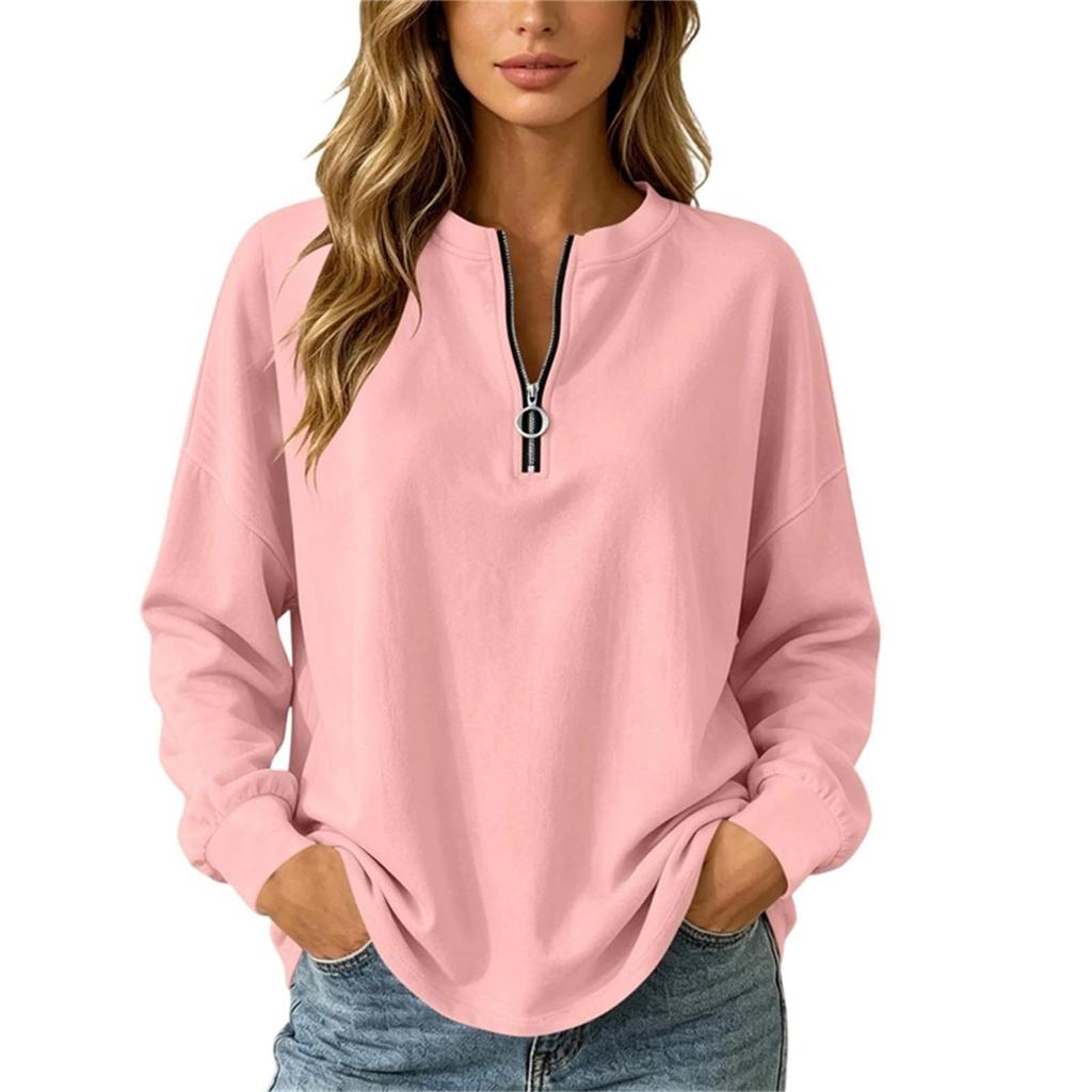 Damen Lockerer Pullover Sweatshirt Langarm Lässiges Oberteil mit halbem Reißverschluss Bequeme Alltagskleidung