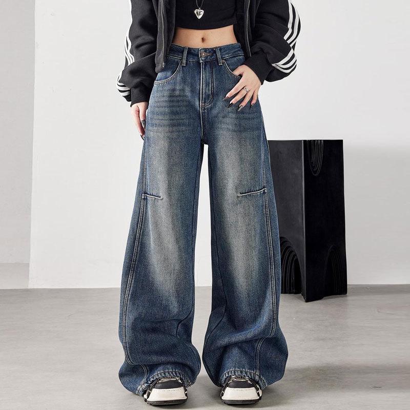

Retro American-Style Plus-Size Jeans for Pear-Shaped Women - Straight Loose Fit, Floor-Length, Curved Leg Pants 2X-Large синий