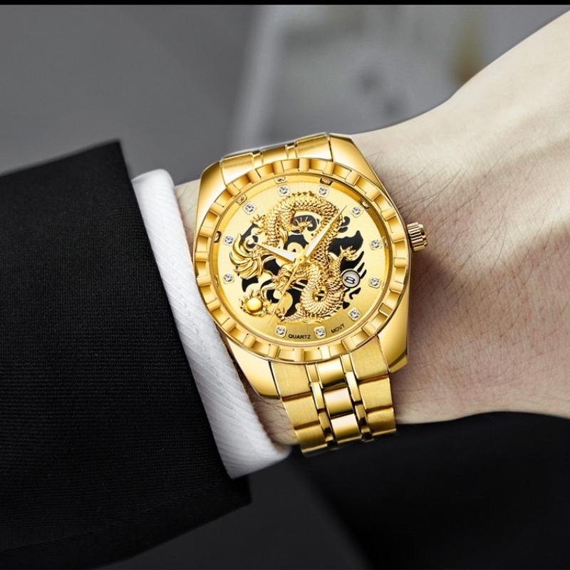 WLISTH Módní zlaté hodinky s drakem Pánské Luxusní Nerezová ocel Business Casual Křemenné Náramkové hodinky Datum Pánské Náramkové hodinky
