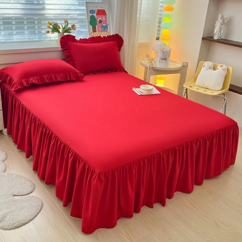 Saia de cama de cor sólida, saia de cama com babados de renda, 1 peça, capa para cama de quarto, saia de cama, capa de colchão antiderrapante, lençol, colcha