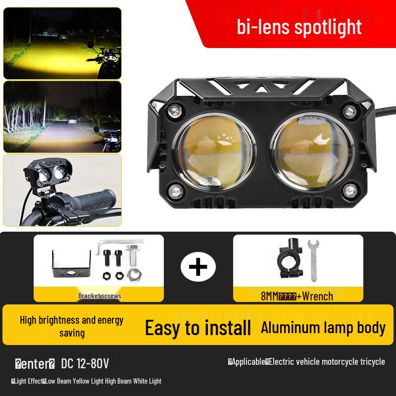 

Двухцветная светодиодная мотоциклетная фара: Водонепроницаемый прожектор с режимами дальнего и ближнего света, желтым светом и креплением на зеркало для электромобилей.