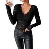 Women's Elegant V-neck Scalloped Neck Edge Solid Color Long Sleeve Slim Slim Pullover Lace Top