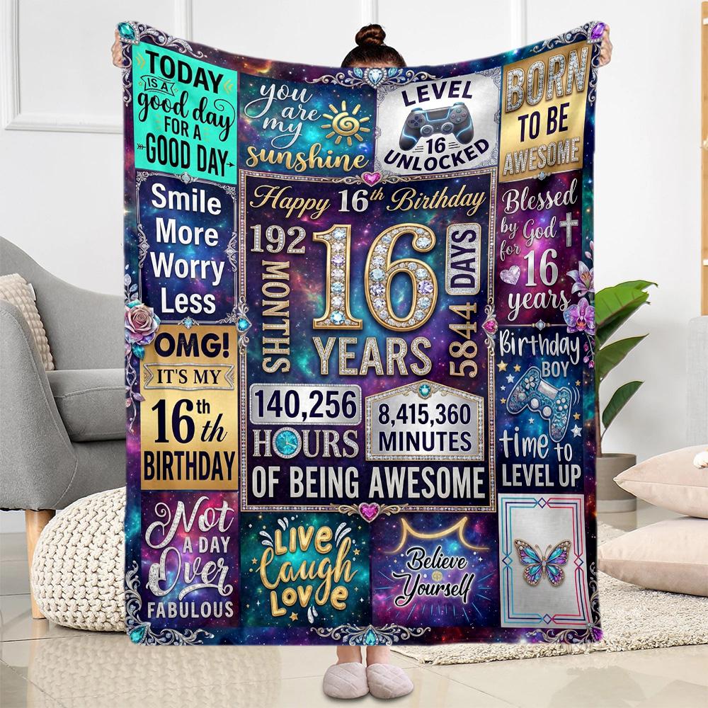 Happy 16th Birthday Celebration Flannel Blanket-Soft and Suitable for Sofas,Beds,Offices,Travel,All Seasons,Great Gift for Holidays and Birthdays.
