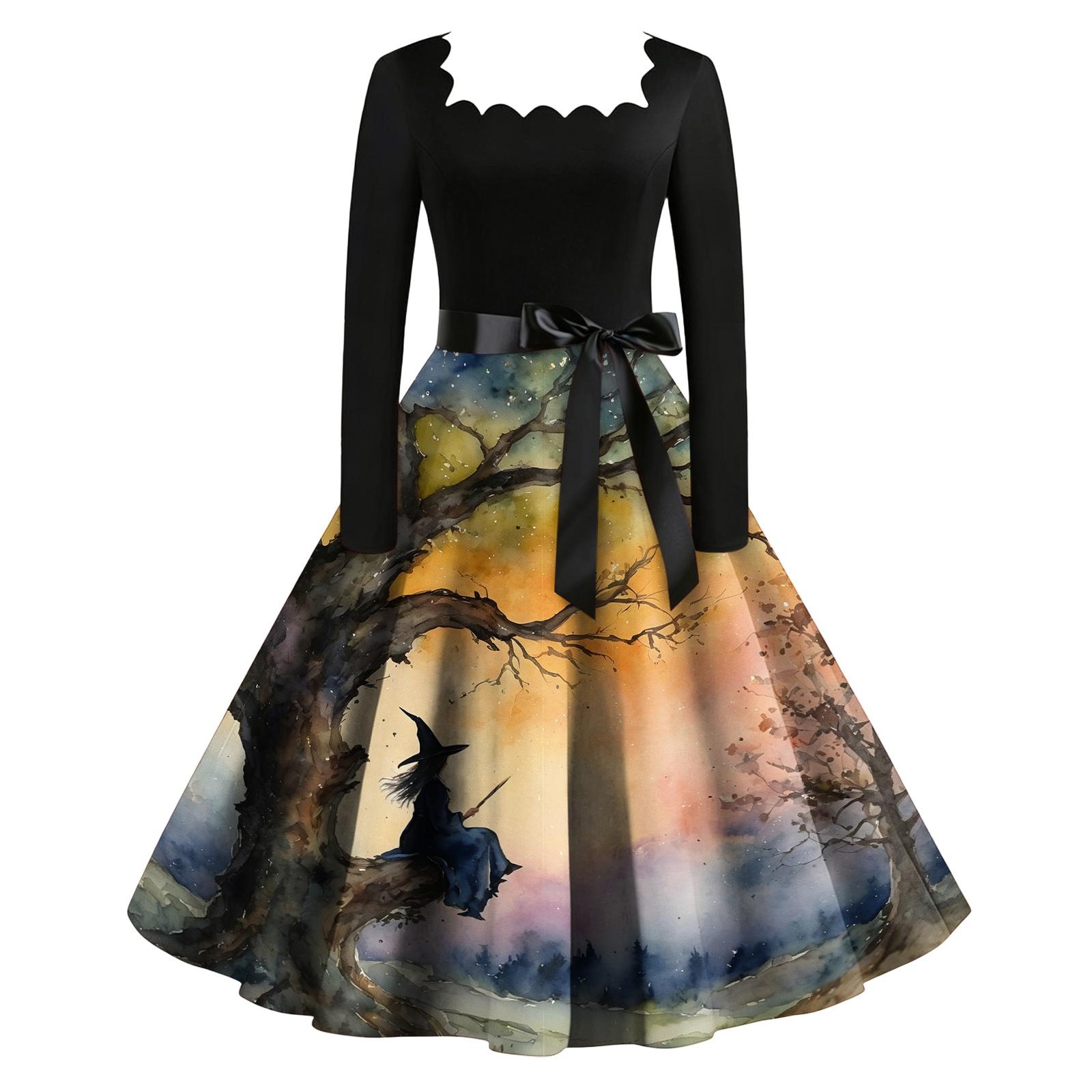 Women s Vintage Long Sleeve Square Neck Witch Print Dress for Halloween Party XXL