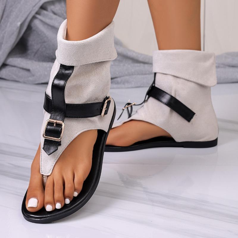 Sandalias Romanas Planas Europeas y Americanas con Punta Abierta para Mujer Verano Nuevo Hebilla de Cinturón de Tela Vaquera Talla Grande Sandalias de Caña Alta para Mujer