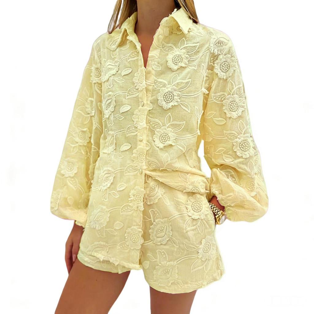 European & American Sexy Cotton Embroidered Set: Spring/Autumn See-Through Shirt & High-Waisted Shorts 2025