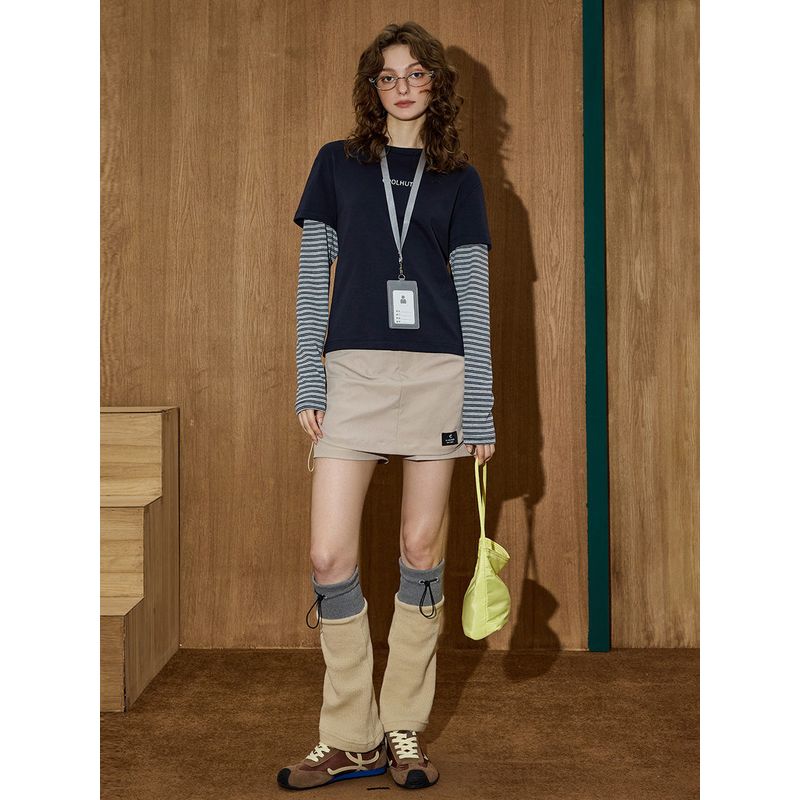 Coolhut2025 Autum Women's Patchwork Design Simple Stripesd Fashion Casual Fake Two-Piece Long-Sleeved T-Shirt