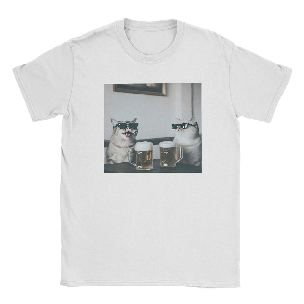 Funny Cool Cat Drinking Beer T Shirt Men Pure Cotton Hipster T-Shirt Round Collar Tees Short Sleeve Clothes Plus Size