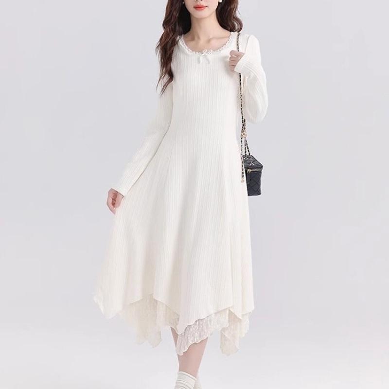 Elegant Pure White Lace Long Dress for Women - Perfect Base Layer for Autumn/Winter 2026, Pair with a Coat