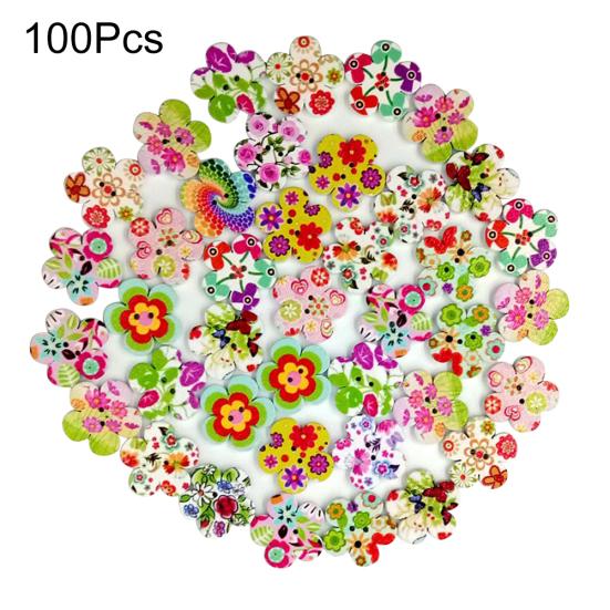 100 Pcs Wooden Cute Flower 2 Holes Buttons Sewing Scrapbooking DIY