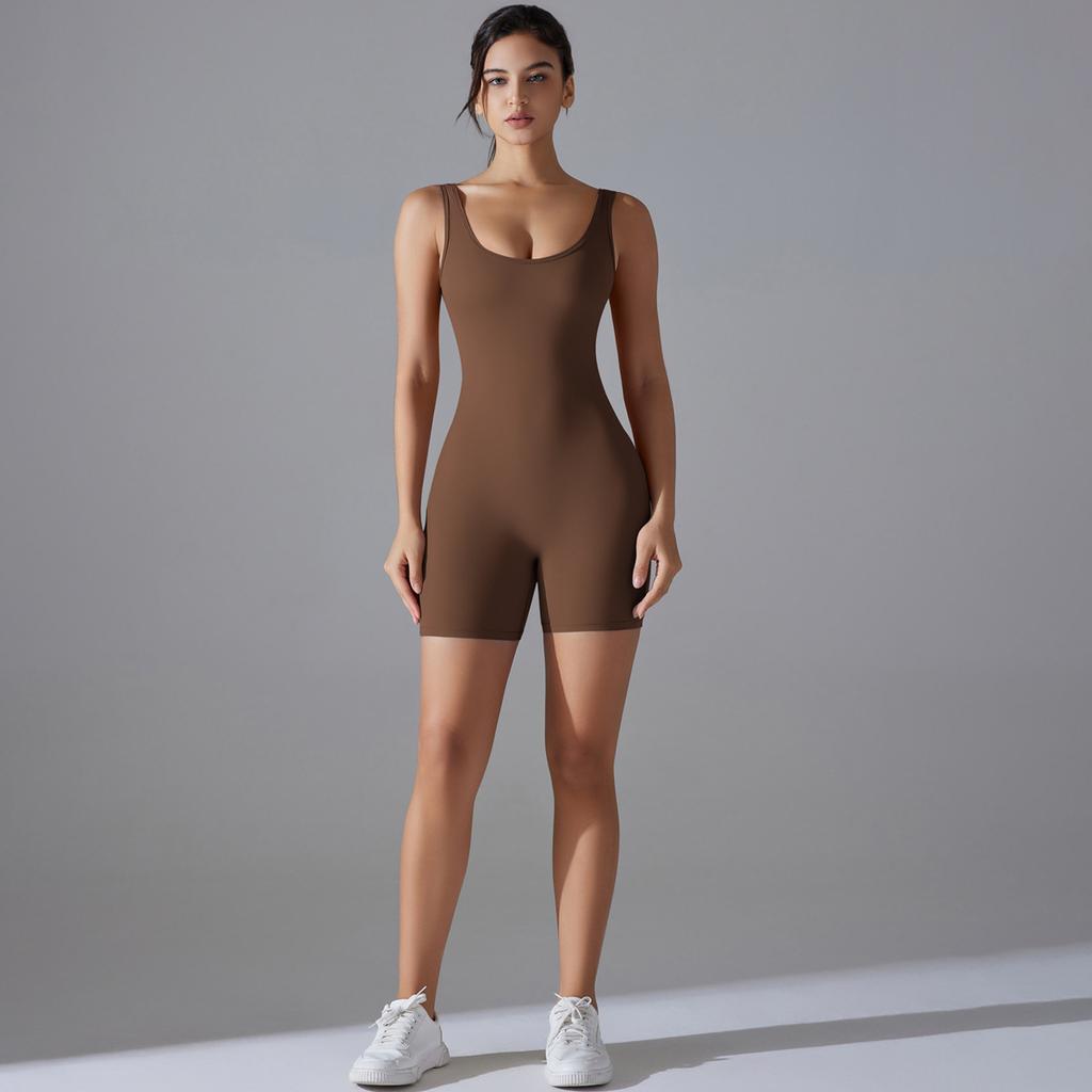 New Double-sided Nylon Nude High Elasticity Peach Hip Solid Color Peach Hip V-waist Tight Shorts Jumpsuit Yoga Suit