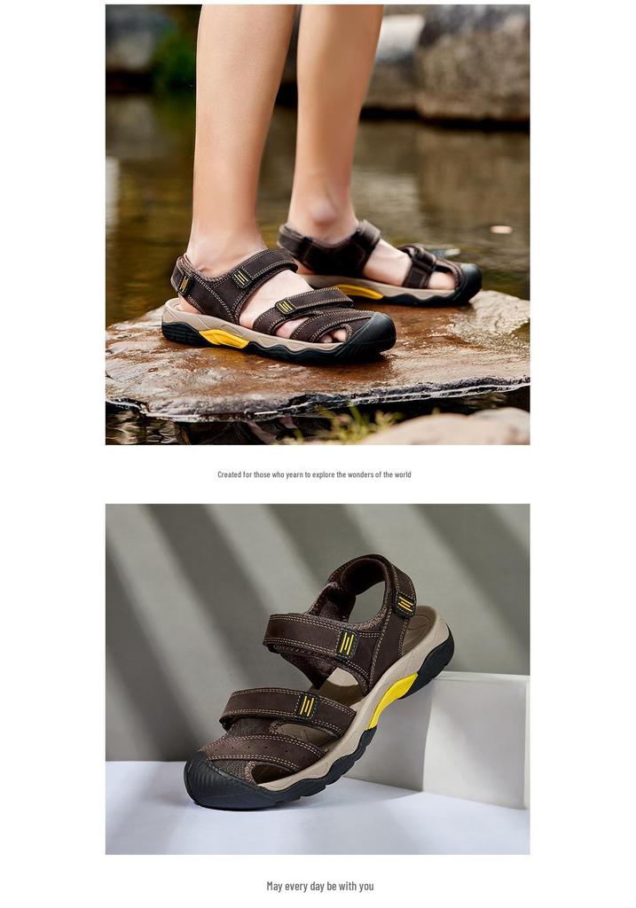 2023 Men's Plus Size Open Toe Cowhide Hand-stitched Casual Beach Sandals