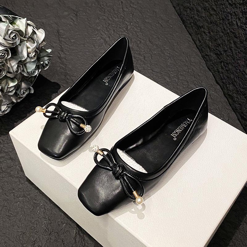 Fashion Silver Square Toe Bowtie Flats Women Spring Office Shoes Shallow Slip On Ladies Ballerina Loafers Comfy Barefoot Mocassines 2025