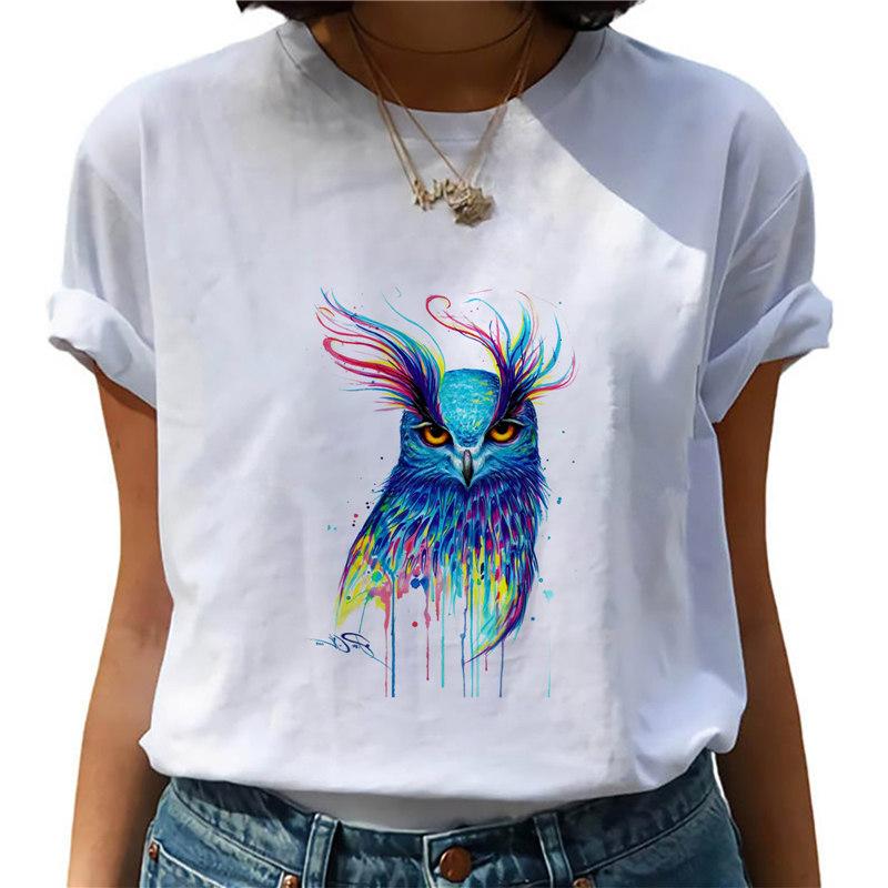 2025 Summer New Vouge Simple Graphic Watercolor Print Animal Woman Print White Casual O-Neck Short Sleeve